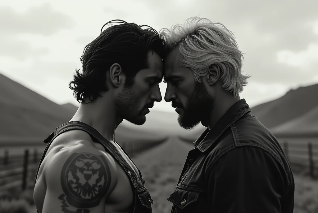 Breakback Mountain, the western United States, the complex relationship between love and sex between two men, Heath Ledger, Jack Glenho, working on the farm, handsome, cowboysexy sailor suit triangle thongs, more details, background scattering 1.8 HD 8k real photos! Sex. Chest muscles! Chest hair! ((Monochrome)), ((grayscale)),tattoo. white hair Smoke, movie feeling! Movie lights! Award-winning poster Ambiguous and teasing