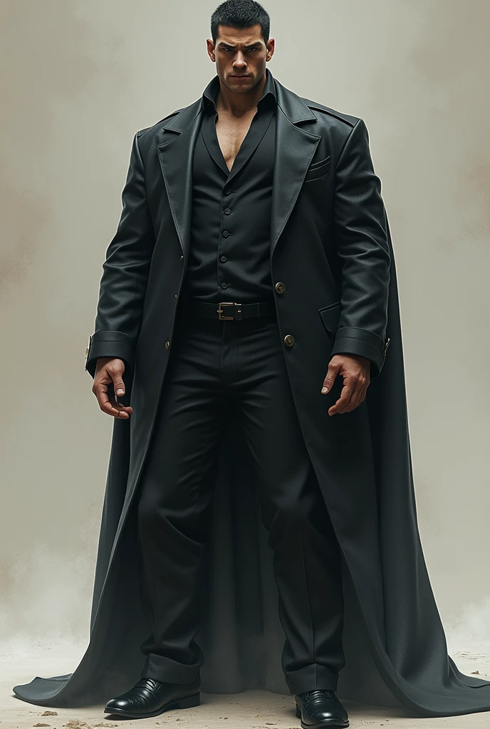 Age: 3 man. Hair: short, naturally dark hair. Height: 6'5. Body: tall and a little bit dark and scary. Eyes: dark black, sharp,. Face: handsome and intimidating.