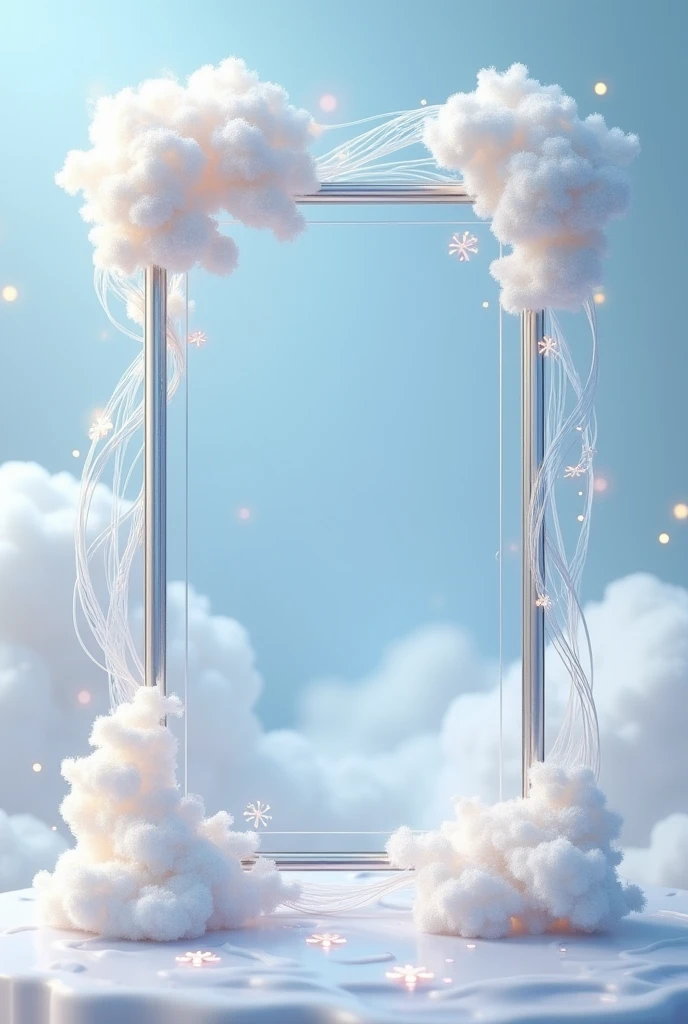 Create a 3D stylized card frame for an air-themed character with a light, ethereal structure that complements the character's airy design. The frame should be delicate and flowing, using soft whites, sky blues, and light silver shades with glowing wind swirl effects around the edges. Incorporate cloud motifs at the top, metallic silver corners with a smooth, brushed texture, and swirl-like patterns on the sides that resemble gusts of wind. The bottom section should feature a cloud texture with subtle glowing wisps and engraved air symbols. Ensure the frame has transparent sections to blend with the background and fits the character perfectly without obstructing key details, leaving space for text or stats at the bottom.