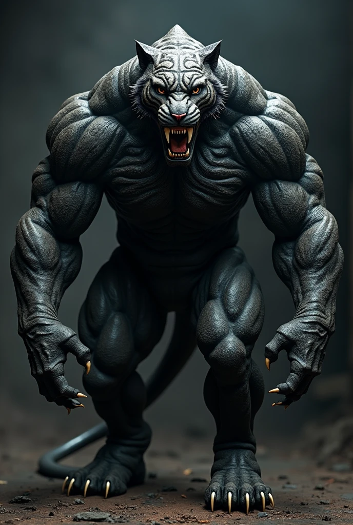 Create a fearsome, fully muscles fusion of tiger-black panther with hyper-realistic, rugged skin and scales, against a dark, intense background for a truly shocking effect."