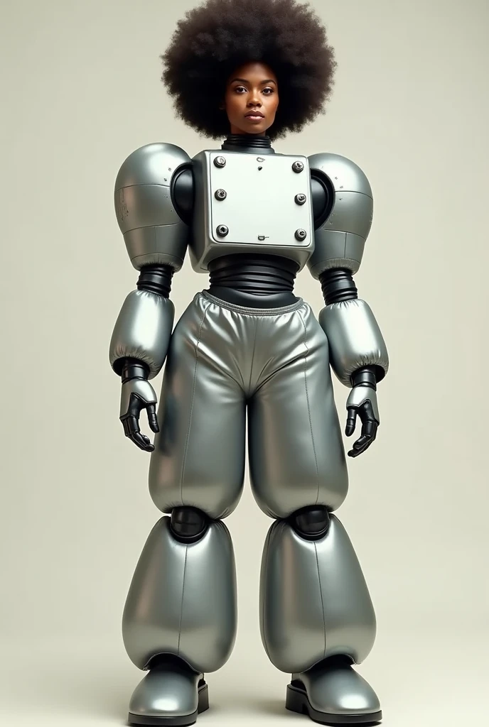 Human afro woman dressed in a classic robot costume, i.e. baggy wide large robot pants and wide baggy large wide arms and silver Full body with big and silver robot shoes Standing showing all the robot suit And with robot gloves And the chest completely covered and Square like a robot With buttons on the chest, ALL THE BODY IS COVERED LIKE A CLASSIC ROBOT