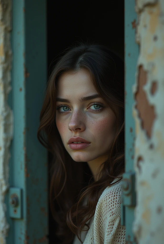 a woman with wavy brown hair and blue eyes peeking around the corner of a building, with a sad face
