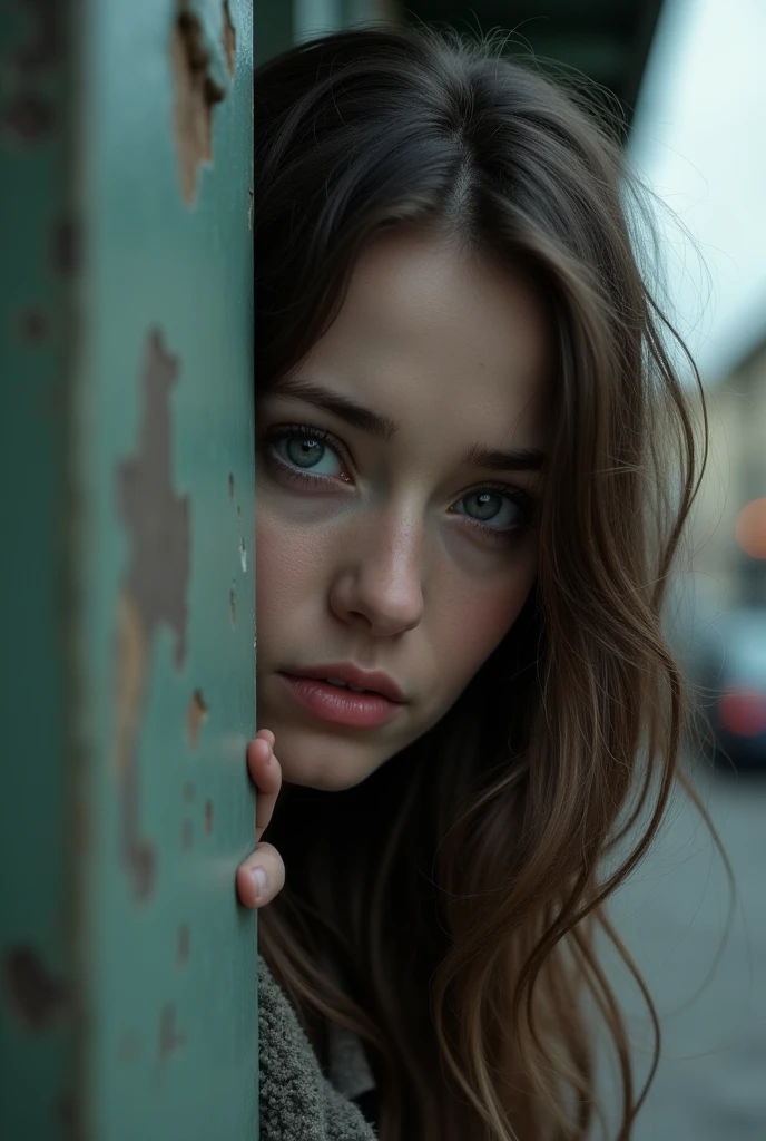 a woman with wavy brown hair and blue eyes peeking around the corner of a building, with a sad face