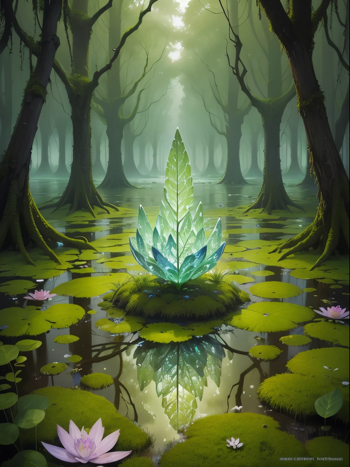 Swamp, Crystal Alien Flower Divinity Surrounded Moss, Reflective wet ground, Maurits Cornelius Escher&#39;s Sphere, ice, reptiles, Ticker, green, green, red and silver, Planet in the sky, Alien Rendscape, Black and white still images, Digital Art, Perfect composition, Beautiful and sophisticated、Highly detailed Octane renderings are trending on Art Station, 8K Art Photography, Photorealistic concept art, Perfect cinematic light with soft, natural volume, Chiaroscuro, Award-winning photo, masterpiece, Oil on canvas