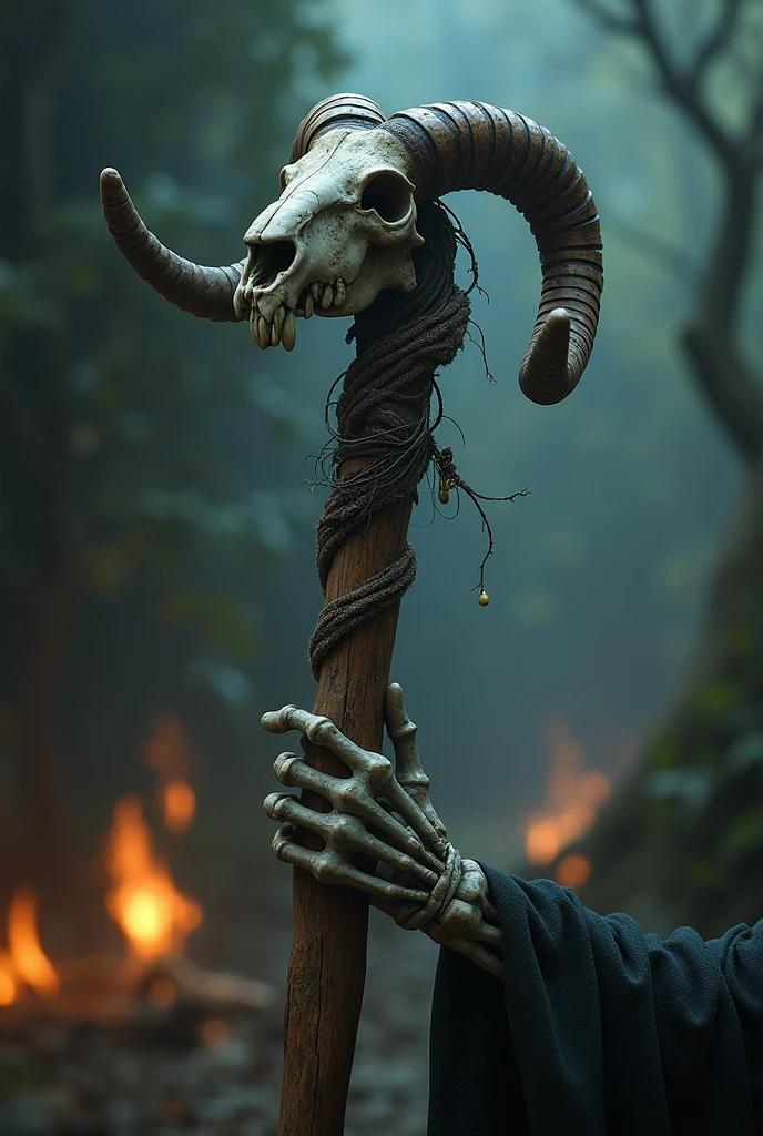 (photorealism:1.2), Witches staff made of wood, with a rams skull at the top, adorned with webs, lanterns, and other trinkets, surrounded by light and fire. its being used to cast a spell. Held in the hands of an old skeletal witch. Only the hands can be seen.
