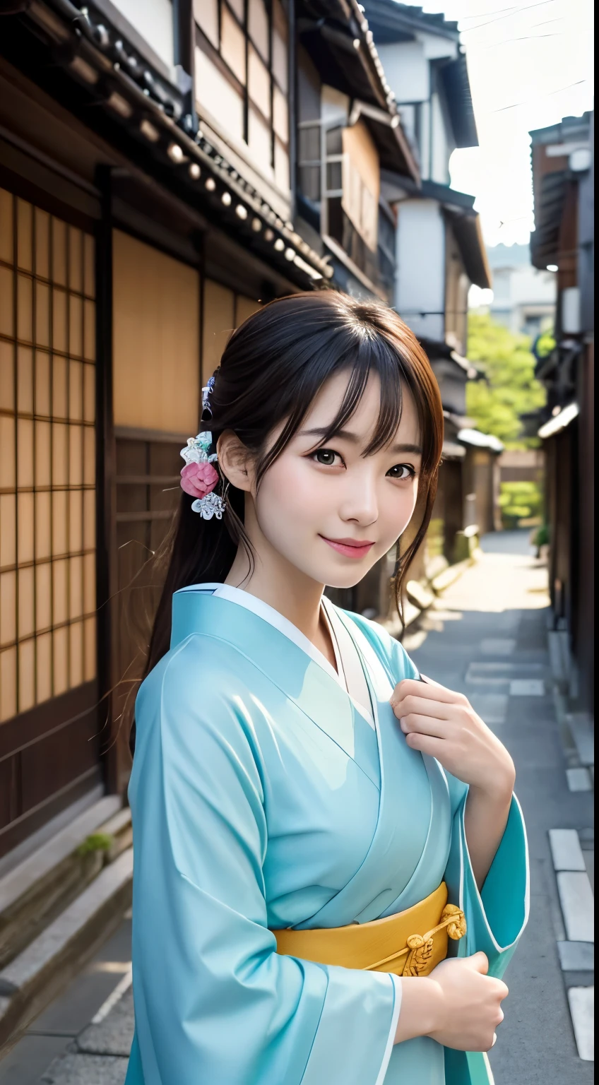 Professional Lighting,(Photorealistic:1.4), (Top image quality:1.0), (超High resolution:1.0), 8k, Raw photography, (masterpiece:0.2), (Facing the children_v1:0.5)、(最高quality Detail:1.2)、Realistic、8k UHD、High resolution、(1 person:1.2)、超detailedな、High quality textures、複雑なdetailed、detailed、Very detailed CG、High quality shadows、detailed 美しく繊細な顔、Beautiful details and a delicate eye、(Symmetrical eyes:1.2),Written boundary depth、Ray Tracing,1 person, Japanese, (Natural smile:1.4),cute, thin, Portrait of a beautiful Japanese woman in a kimono, Standing elegantly on a street corner in Kyoto. Kimono with vibrant traditional patterns, Hair decorated with elegant and delicate hairpins, Gentle expression. (With the old streets of Kyoto in the background:1.4)、The soft light of a spring afternoon、Adding tranquility to the scene. Rendered in a Realistic style with great attention to detail, High resolutionの画像.Sky Porn, Magic Hour, (Realistic:1.3), finely, quality, (Tabletop:1.2), (Realistic:1.2), (最高quality), (複雑なdetailed), dramatic, Ray Tracing, photograph, +roller