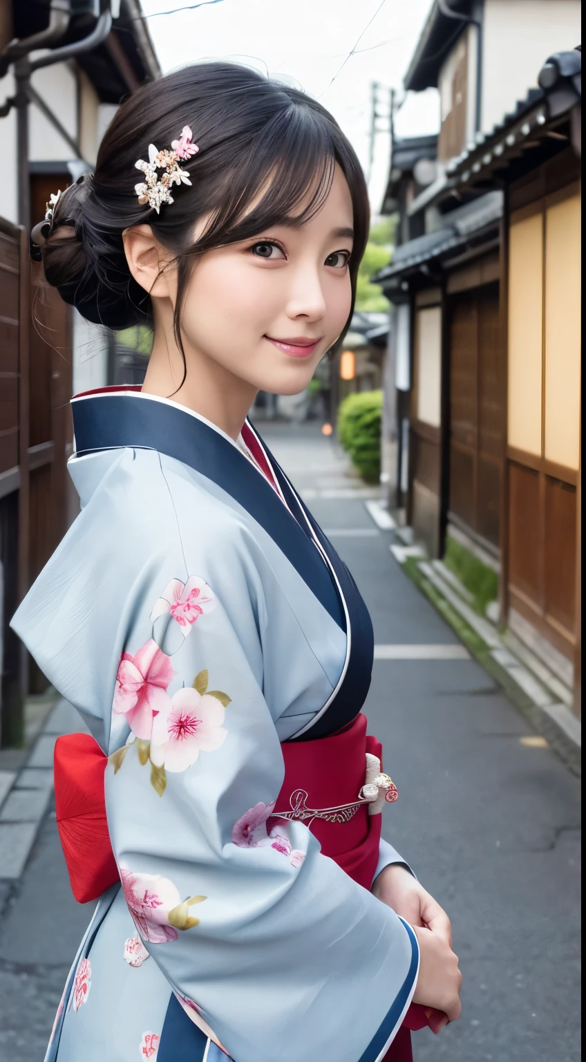 Professional Lighting,(Photorealistic:1.4), (Top image quality:1.0), (超High resolution:1.0), 8k, Raw photography, (masterpiece:0.2), (Facing the children_v1:0.5)、(最高quality Detail:1.2)、Realistic、8k UHD、High resolution、(1 person:1.2)、超detailedな、High quality textures、複雑なdetailed、detailed、Very detailed CG、High quality shadows、detailed 美しく繊細な顔、Beautiful details and a delicate eye、(Symmetrical eyes:1.2),Written boundary depth、Ray Tracing,1 person, Japanese, (Natural smile:1.4),cute, thin, Portrait of a beautiful Japanese woman in a kimono, Standing elegantly on a street corner in Kyoto. Kimono with vibrant traditional patterns, Hair decorated with elegant and delicate hairpins, Gentle expression. (With the old streets of Kyoto in the background:1.4)、The soft light of a spring afternoon、Adding tranquility to the scene. Rendered in a Realistic style with great attention to detail, High resolutionの画像.Sky Porn, Magic Hour, (Realistic:1.3), finely, quality, (Tabletop:1.2), (Realistic:1.2), (最高quality), (複雑なdetailed), dramatic, Ray Tracing, photograph, +roller