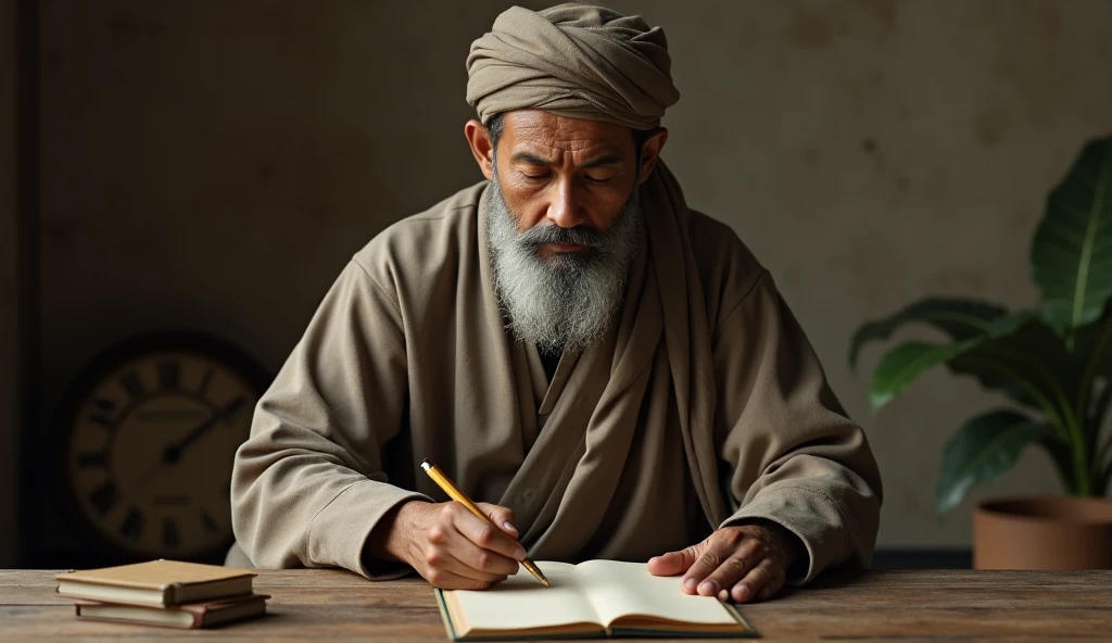 (Photorealism:1.2), lelaki, ulama jawa, sat down showing a blank piece of paper, aesthetic, interesting, clear