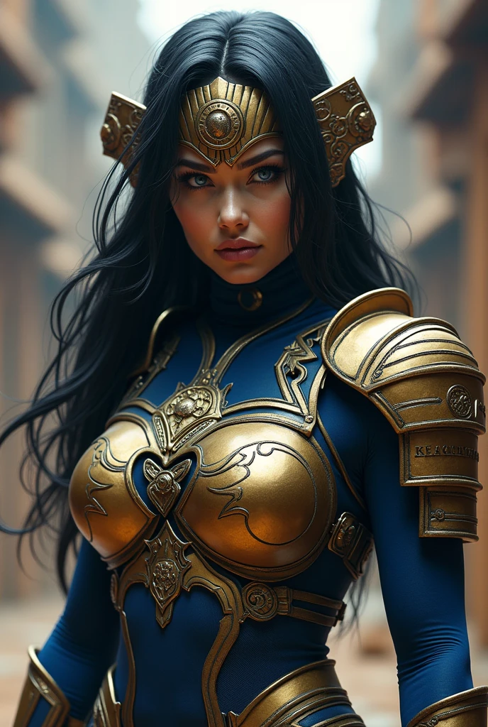 Big Barda has long hair, black and almost always hidden by his samurai helmet. His eyes are light blue. Her superheroine costume is samurai themed.. His costume usually includes a blue jumpsuit and a gold armor top over his jumpsuit.