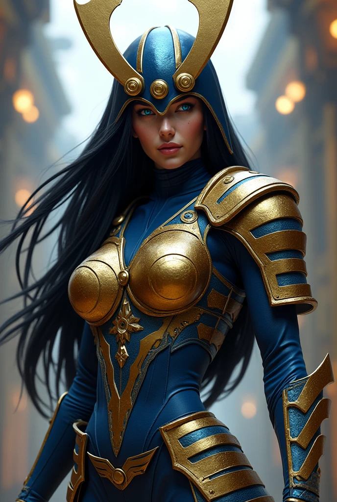Big Barda has long hair, black and almost always hidden by his samurai helmet. His eyes are light blue. Her superheroine costume is samurai themed.. His costume usually includes a blue jumpsuit and a gold armor top over his jumpsuit.