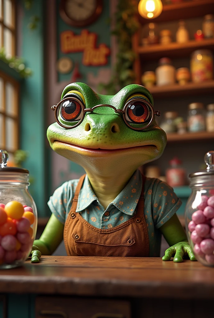 Retro Images,Storytelling,Tree frog,Ultra-realistic,high resolution,The frog is the bespectacled old lady who owns a candy store.