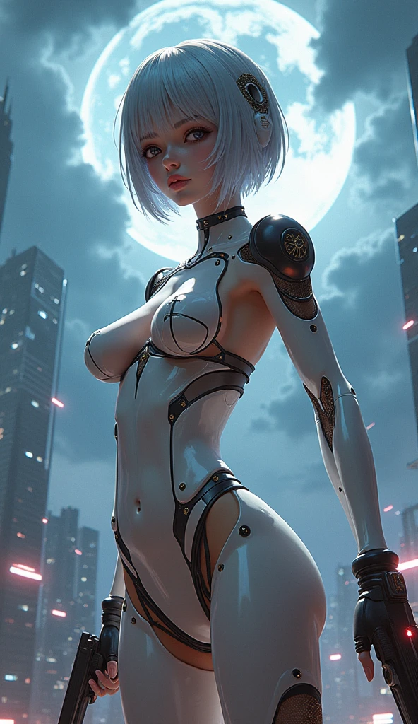 High Detail RAW color Photo,hyperrealistic,digital painting, (Aletta ocean face), wide shot,Full Shot,(lens flare:0.5), (bloom:0.5), portrait,(highly detailed, fine details, intricate), incredibly absurdres,(luxurious  cyberpunk:1.4,Dystopian,sci-fi),  concept art,ornate, from side,looking to the side,
1girl,rei ayanami \(neon genesis evangelion\),European_Girls,(cute female arterial intelligence,robot, cyborg:1.5),(robotic parts,augmentations,mechanical arms, mechanical legs,white halmet), (cybernetic implants:1.4,microchip,metal,electric wires,cable,silicone),grey eyes,asymmetrical hair, standing,(holding_weapon,battle_rifle,handgun),belt,(wearing shiny tight soft light suit,see-through white chemise), open jacket,detached sleeves,hip vent,metallic bone exposed,toned physique,slender,medium breasts exposure,breasts out,large ass, (pale skin),(detailed skin, diffused skin pores),HQ, angelic, decorations, embellishments,hard edge,
breathtaking,outdoors, ((in surreal planet Raphael Lacoste)),nighectricity, bright neon colors,sprawling cyberpunk city skyline), turbulent storm, rain,smog,tendrils, spirals,  dust,(((flying shipadlands, observitory)
