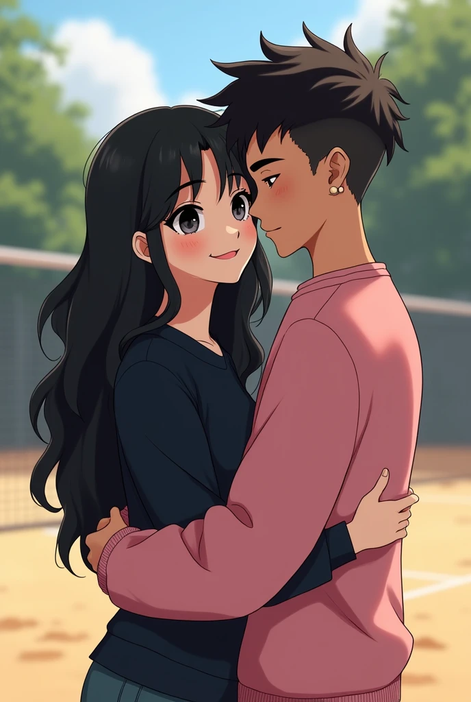 White brunette teenage girl ,big black eyes with eyeliner with long wavy loose black hair down to the back smiling, wearing a black blouse. hugging a strong dark-haired teenage boy with short curly hair and shaved sides, very small eyes, earring in the ear, wearing a pink sweatshirt, and in the background a volleyball court