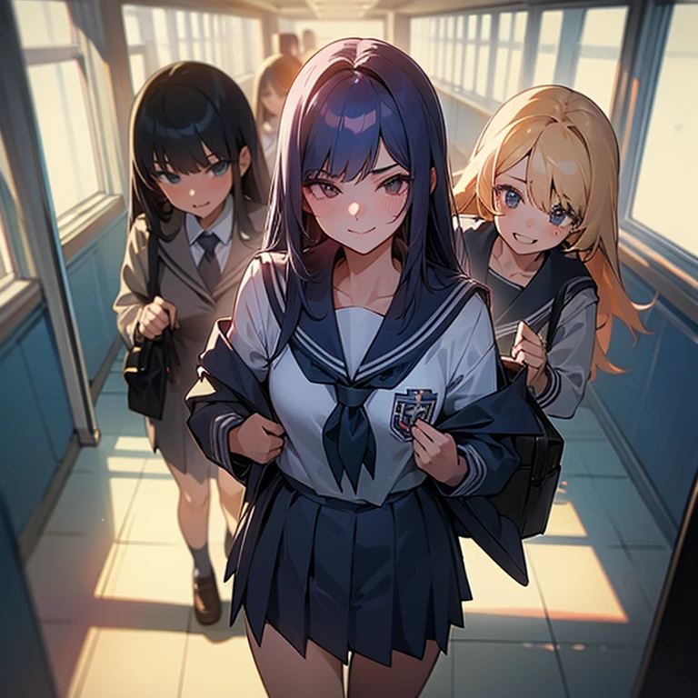3girls, school uniform, bully, evil smile, beautyful, school hallway, natural light, sexy body, detailed