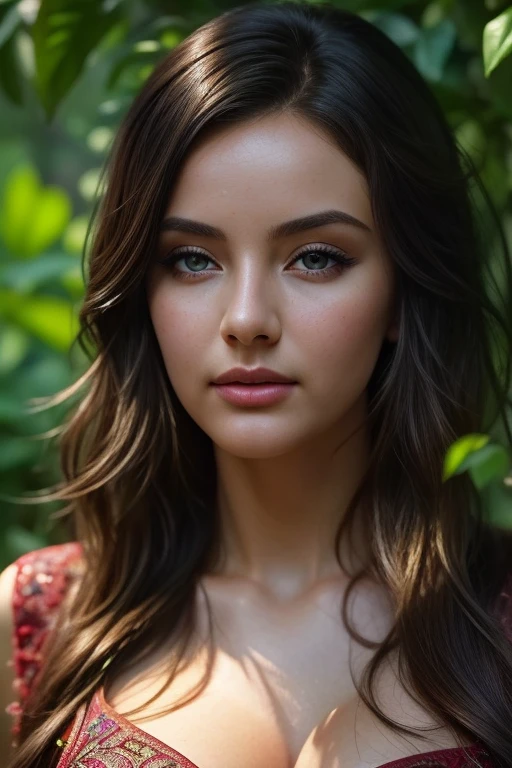 a beautiful young woman, detailed facial features, captivating eyes, delicate lips, intricate hair, elegant dress, standing in a lush garden, sunlight filtering through the leaves, vibrant colors, photorealistic, cinematic lighting, highly detailed, 8k, hyperrealistic, concept art, masterpiece