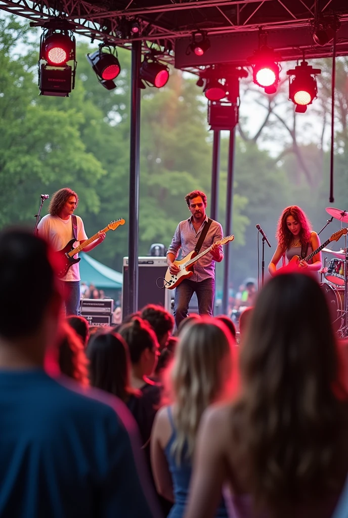Photo from the audience towards the stage of a musical band. Let it be outdoors and during the day.