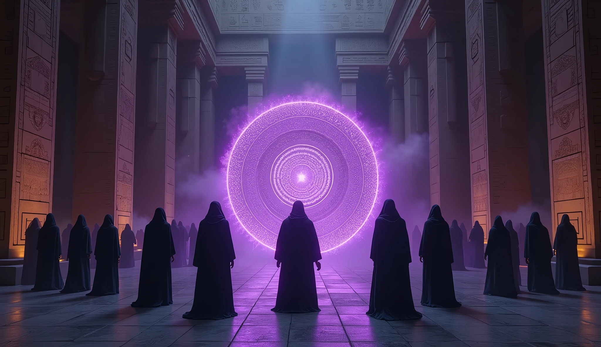 8k、(number々の賞を受賞したmasterpiece、Incredible detail、Texture、Maximum details), (summoning magic),(Carmack Temple at midnight (Karnak Temple) - Egypt), (A complex and elaborate magic circle that shines Purple)arafed image of a group of people in a church with candles,lit candle, dark cinematic concept art, elegant cinematic fantasy art, photorealistic dark concept art, by Beeple, dark robes, wojtek fus, gothic epic library concept, gothic epic library, epic cinematic concept art, dark concept art, Beeple and mike winkelmann, symmetrical epic fantasy art, High resolution, masterpiece, Highest quality, Intricate details, Very detailed, Clear focus, practical skin texture, texture, Shot with Canon, 85mm, Shallow and deep, Kodak Vision Color, Exactly, Very detailed, photograph_\(Extremist\), photographpractical, practical, Post-processing, Maximum details, Roughness, Real Life, Extremist practical, Photorealism, photographgraphy, 8K Ultra HD, photographgraphy