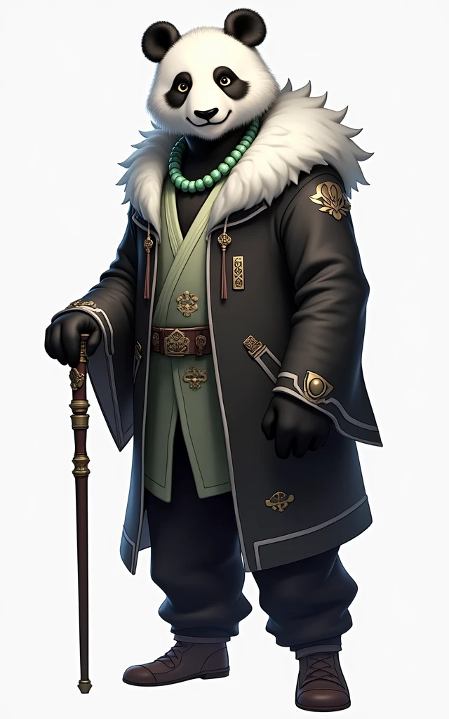 (masterpiece, top quality, best quality, official art,beautiful and aesthetic:1.2),(4k,8k, best quality,masterpiece:1.2),(((white background))), solo,Game character, a panda person, a game character inspired by pandas, wearing a black and white robe, adorned with a jade bead necklace and bracelet, holding a cane. The structure is clear and accurate, with a modern realistic representation and consistent lighting that looks natural and believable.