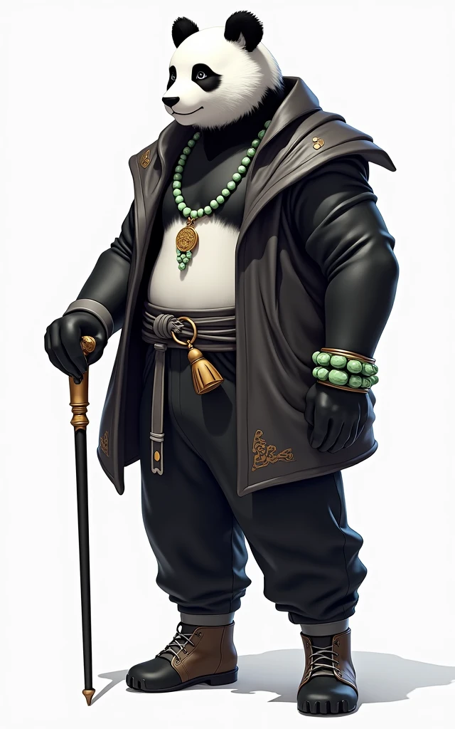 (masterpiece, top quality, best quality, official art,beautiful and aesthetic:1.2),(4k,8k, best quality,masterpiece:1.2),(((white background))), solo,Game character, a panda person, a game character inspired by pandas, wearing a black and white robe, adorned with a jade bead necklace and bracelet, holding a cane. The structure is clear and accurate, with a modern realistic representation and consistent lighting that looks natural and believable.