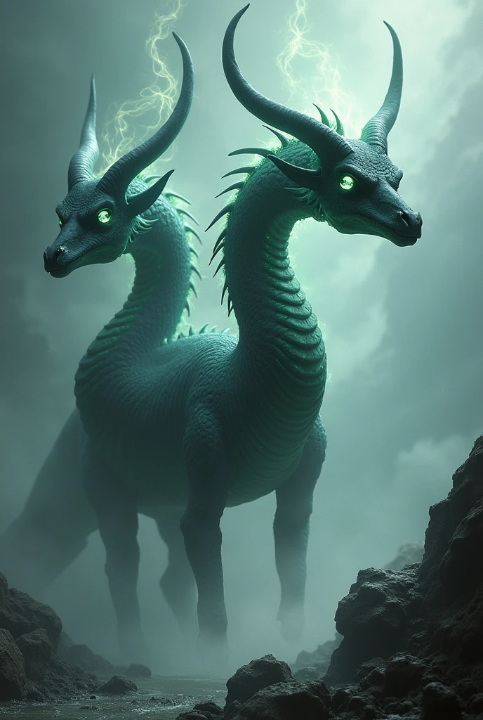 Create a wingless dragon with a long neck and 3 heads that are bull skulls.