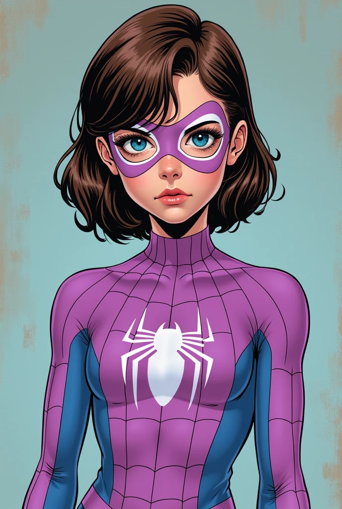 a girl with brown hair and blue eyes. her hair is a tomboy and she has big eyelashes. she has a lilac spiderman outfit, but only with a mask over her eyes, and she is over 1 and has a more serious and sober appearance. . MARVEL 1980 comics style 2D