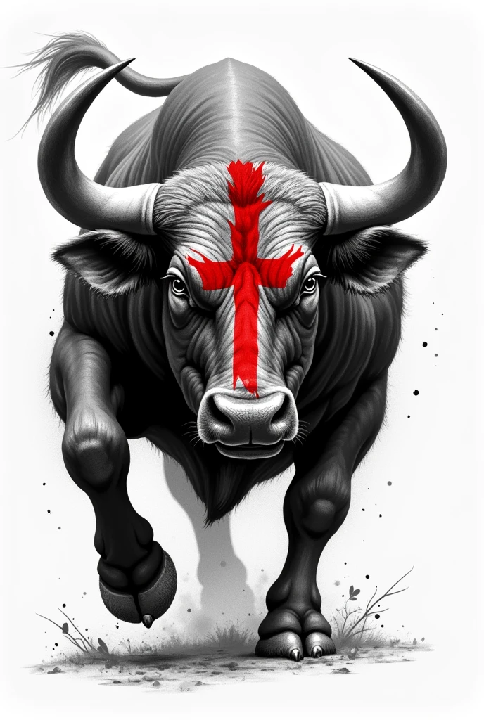 A black and white tattoo on the forearm of a charging bull with a red cross on its side painted on the right eye in red
