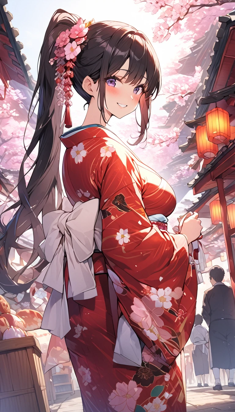 One Woman、beautiful girl、night、nightcherry blossoms、kimono、Beautiful patterned kimono、ponytail、Waraji、School、Back of the school building、spring、cherry blossoms々、はためくcherry blossomsの花びら、Long Hair、Highest quality、Ultra HD、Black Hair、smile、8 heads、White tabi socks、Japanese Umbrella、smile、Cowboy Shot、festival、Many food stalls、Beautiful views、Turn your body forward、Accentuate your breasts、Facing forward、Send a love letter to the audience