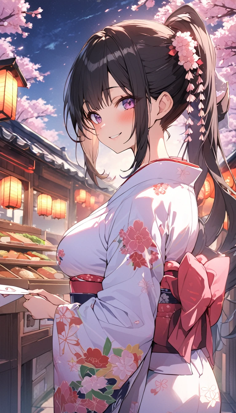 One Woman、beautiful girl、night、nightcherry blossoms、kimono、Beautiful patterned kimono、ponytail、Waraji、School、Back of the school building、spring、cherry blossoms々、はためくcherry blossomsの花びら、Long Hair、Highest quality、Ultra HD、Black Hair、smile、8 heads、White tabi socks、Japanese Umbrella、smile、Cowboy Shot、festival、Many food stalls、Beautiful views、Turn your body forward、Accentuate your breasts、Facing forward、Send a love letter to the audience