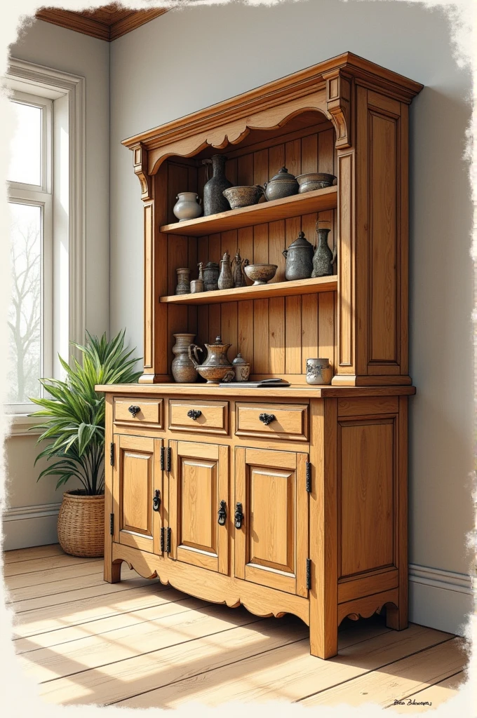 Generate a sketch of a wooden piece of furniture