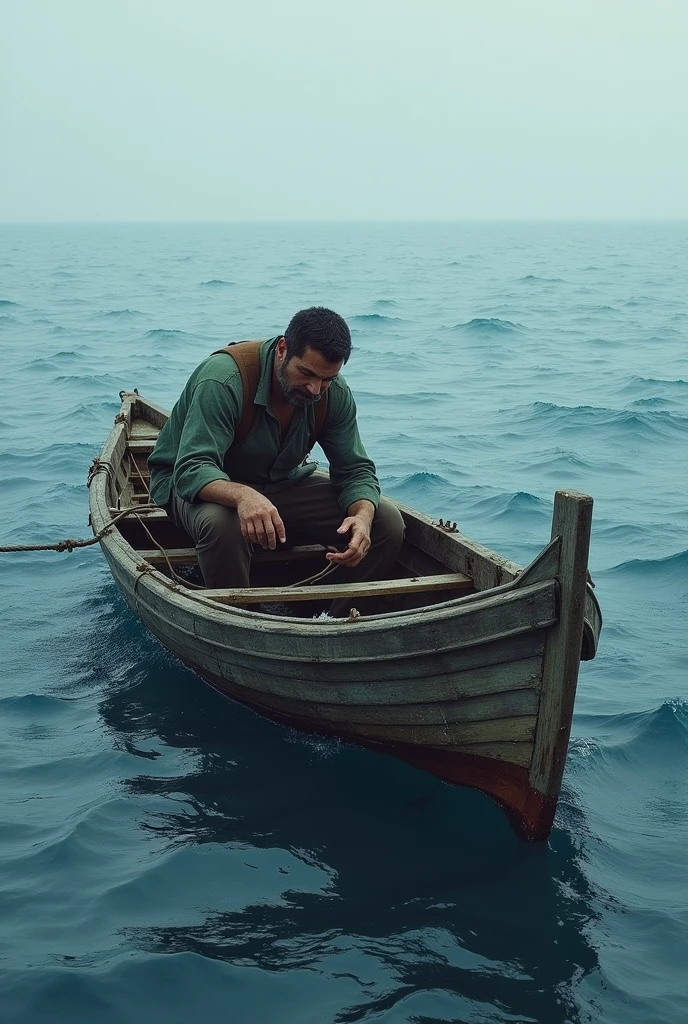 A man repairs a small boat that has many holes alone in the middle of the sea