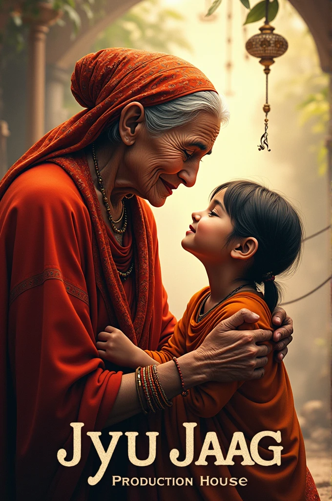 "Create a logo for 'Jyu Jaag Production House,' featuring an elderly woman in traditional Uttarakhand attire blessing a small child. Since this is a music production house, incorporate musical elements like notes, instruments, or sound waves into the design. The elderly woman should remain central, with the musical elements subtly integrated around her to symbolize the essence of music production. The overall design should blend the cultural theme with musical aspects, using warm, earthy tones. The text 'Jyu Jaag Production House' should be included, with a font that complements both the cultural and musical themes of the logo."