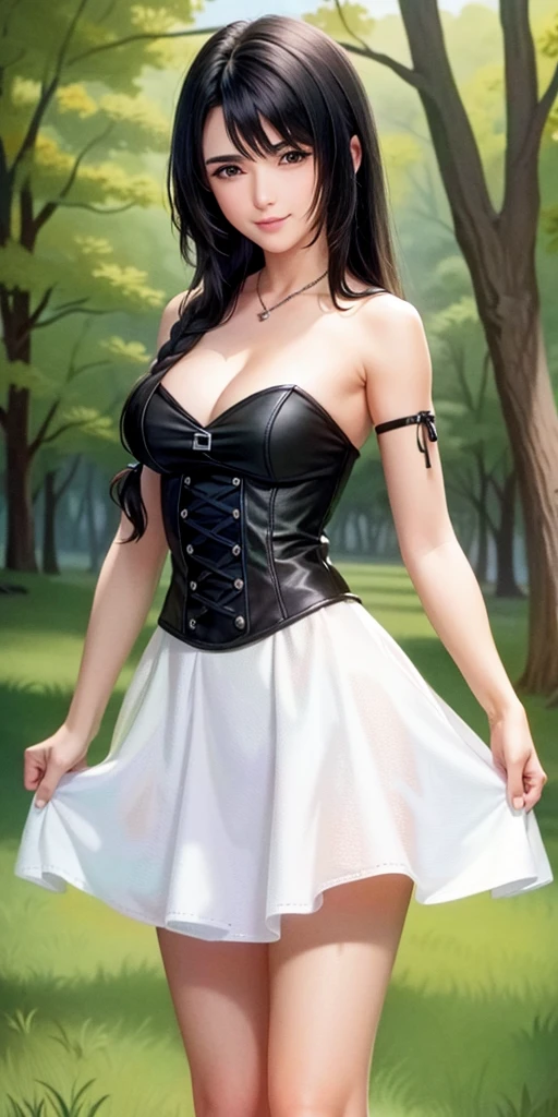 , ((ultra detailed, masterpiece, best quality)) FF8Rinoa, 1girl, 15-year-old,  cute face, perfect face, beautiful baby girl face, solo, single braid, blue eyes, black hair, white long hairband, black choker, medium Breasts hanging, black corset strapless sexy, Slim sexy body, naked shoulders,  perfect skin, smiling. 