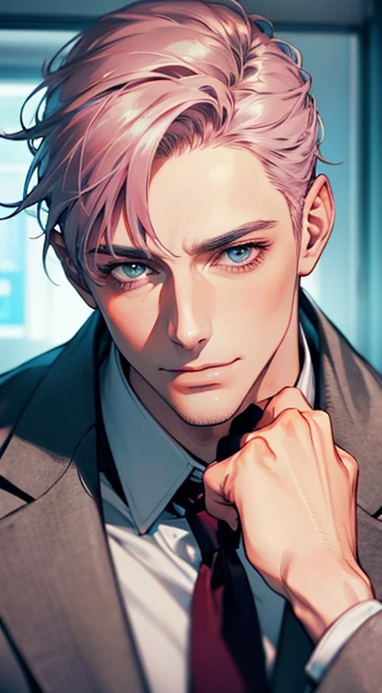 (Highest quality,4K,8K,High resolution,masterpiece:1.2),Super detailed,(Realistic,photoRealistic,photo-Realistic:1.37),1 personld,Mature Men,Beautiful skin、very handsome,Expressionless,smile,Short gray pink hair,blue eyes,Sharp Eyes,A perfect face without a doubt,Businessman,Office Background,Cinema Lighting,HDR image,tie、