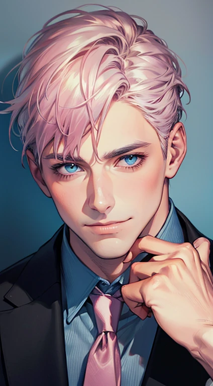 (Highest quality,4K,8K,High resolution,masterpiece:1.2),Super detailed,(Realistic,photoRealistic,photo-Realistic:1.37),1 personld,Mature Men,Beautiful skin、very handsome,Expressionless,smile,Short gray pink hair,blue eyes,Sharp Eyes,A perfect face without a doubt,Businessman,Office Background,Cinema Lighting,HDR image,tie、