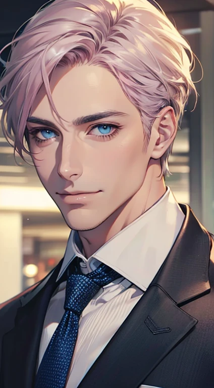 (Highest quality,4K,8K,High resolution,masterpiece:1.2),Super detailed,(Realistic,photoRealistic,photo-Realistic:1.37),1 personld,Mature Men,Beautiful skin、very handsome,Expressionless,smile,Short gray pink hair,blue eyes,Sharp Eyes,A perfect face without a doubt,Businessman,Office Background,Cinema Lighting,HDR image,tie、