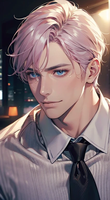 (Highest quality,4K,8K,High resolution,masterpiece:1.2),Super detailed,(Realistic,photoRealistic,photo-Realistic:1.37),1 personld,Mature Men,Beautiful skin、very handsome,Expressionless,smile,Short gray pink hair,blue eyes,Sharp Eyes,A perfect face without a doubt,Businessman,Office Background,Cinema Lighting,HDR image,tie、