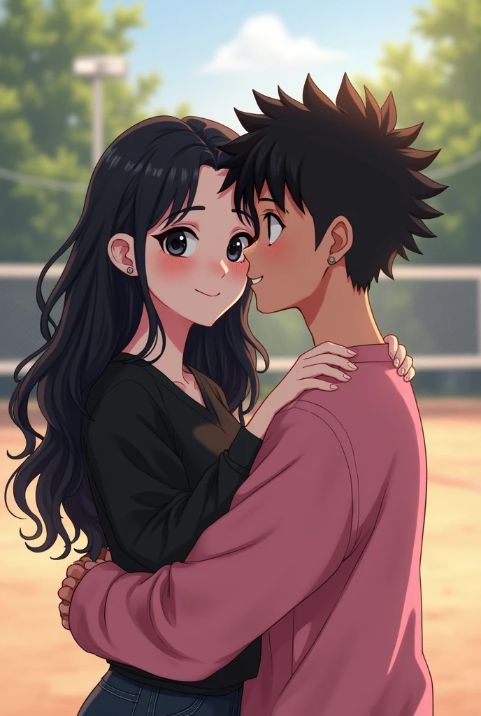 White brunette teenage girl ,big black eyes with eyeliner with long wavy loose black hair down to the back smiling, wearing a black blouse. hugging a strong dark-haired teenage boy with short curly hair and shaved sides, very small eyes, earring in the ear, wearing a pink sweatshirt, and in the background a volleyball court