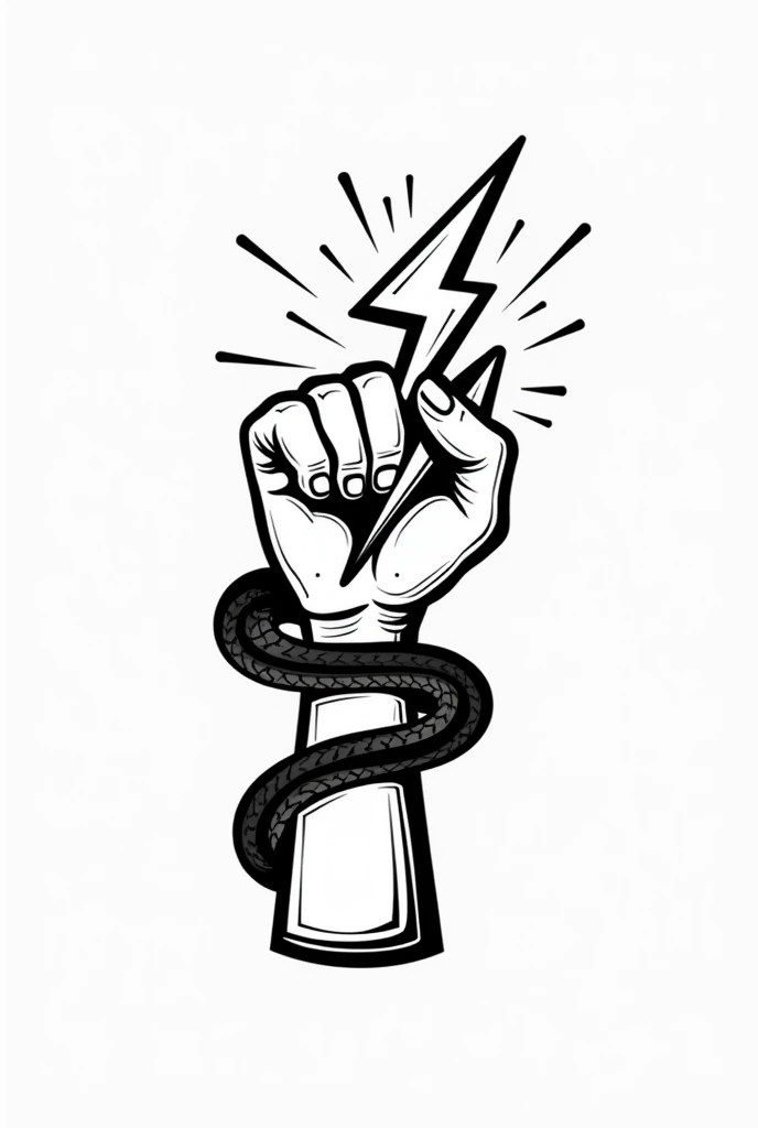 Create a logo concept image for a physical therapy business with a black and white cartoon style of a hand holding a horizontal lightning bolt and around the forearm wrapped 2 snakes
