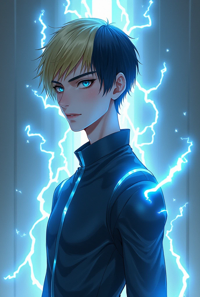 A defined thin character. With black hair on the sides and nape, straight and blond on top, with blue eyes. With a height of 1,75m in white skin color. With energy powers, electricity and tesla.