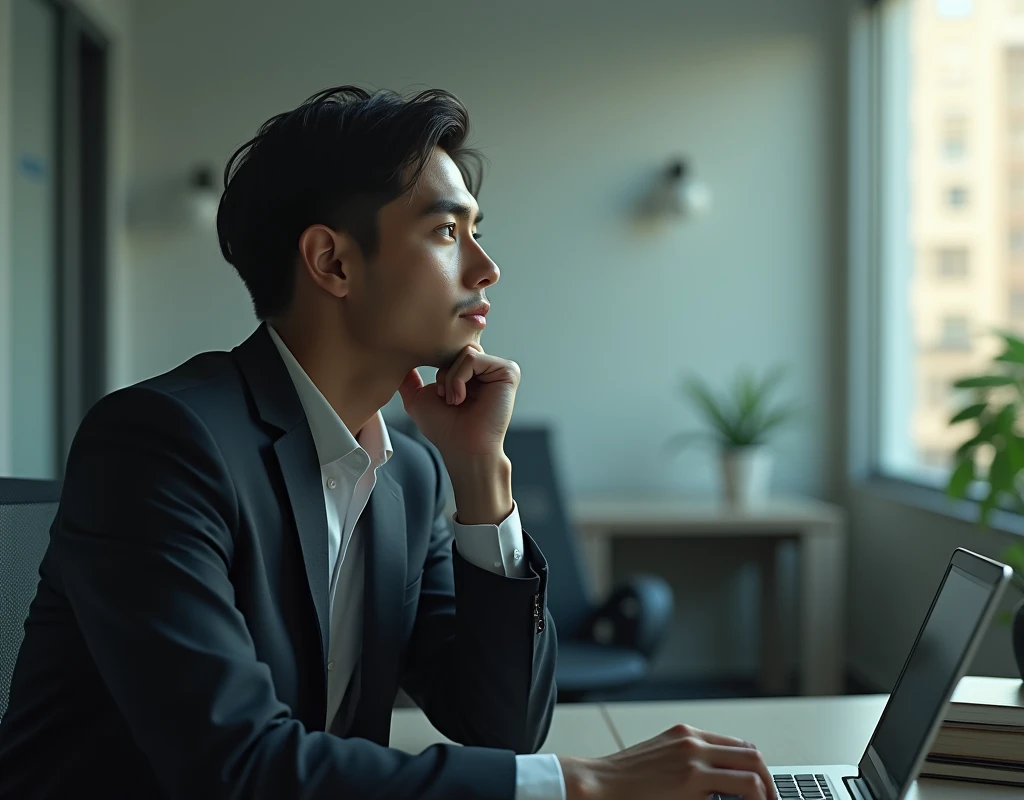 A quiet office with a focus on a thoughtful person, representing introspection in the professional environment.