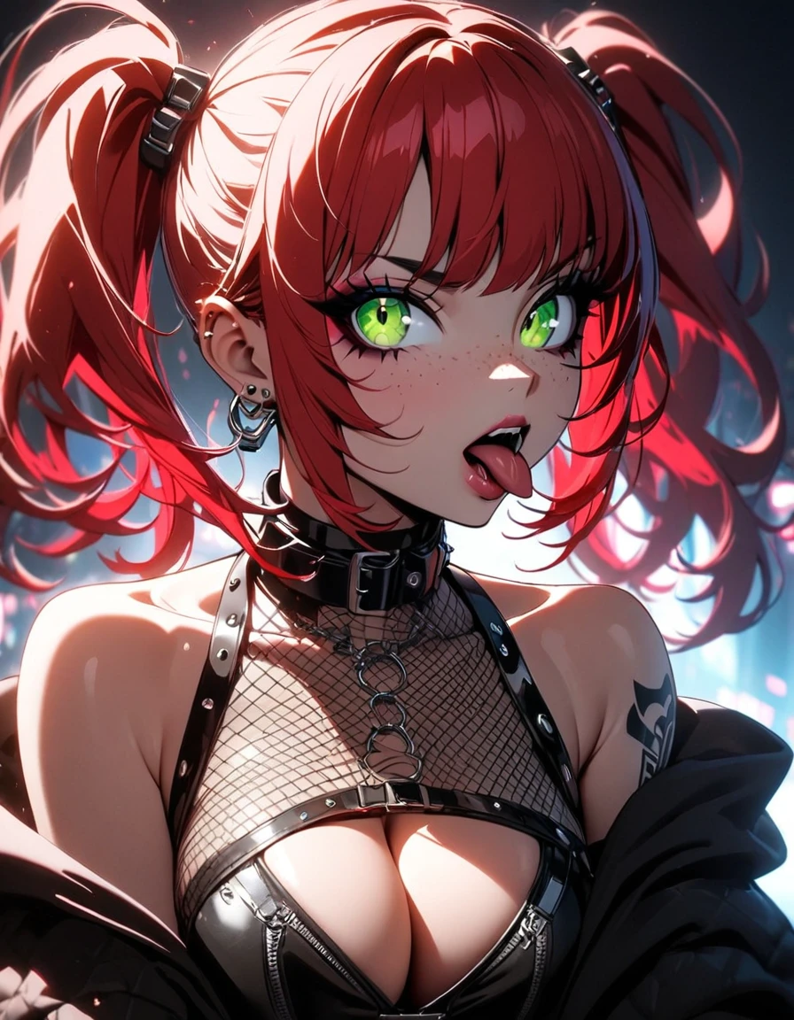 woman, curly red hair in pig tails, green eyes, eye shadow, black hoodie, black finger-less gloves, exposed shoulders, large breasts, freckles, cleavage, fishnet undershirt, looking at viewer, Holo-Punk Style, goth, earrings, eyelashes, makeup, solo, tattoo, punk aesthetic, cinematic lighting, masterpiece, best quality, face close up, sticking tongue out, vagface