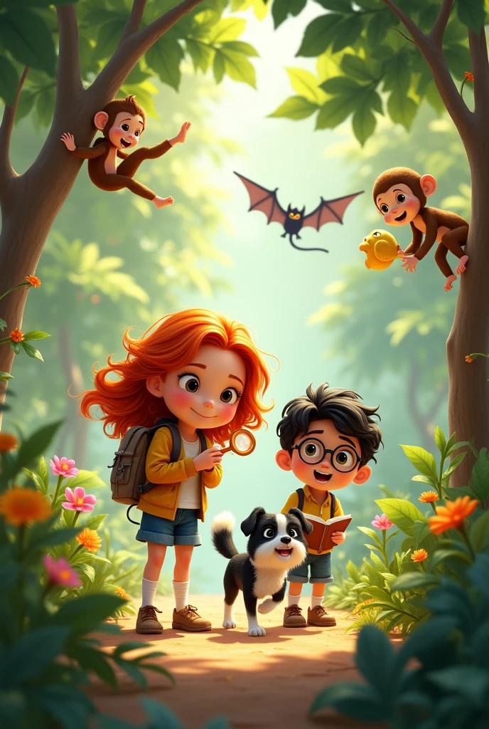 A child with wavy red hair in a lush tropical garden on a sunny day. She is holding a magnifying glass and wearing a pink backpack.. Next to her is a black-haired one, round glasses, Reading a history book. Next to them is a black and white shi tzu dog running after a bird.. Up in a tree there are two little monkeys with mischievous faces and a little bat eating a banana.. everything in the Disney Pixar style
