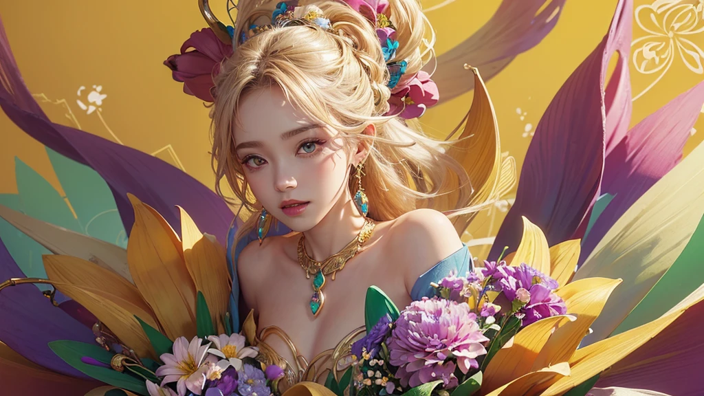 32K, 最高quality, 最高masterpiece, (ultra-Detailed Background, Detailed Background), High resolution, Super detailed, Very detailedな, 1 personの, (bouquet:1.3), (Tangled:1.2), (Geometric:1.2),(colorful),(masterpiece, quality, best quality, Official Art, Beautiful and beautiful:1.2), (1 person:1.3), Very detailed,(colorful:1.1)(Flowers:1.3),Most detailed,(Tangled:1.2), whole body, (Abstract background:1.3), (Skin glows), (Many colors:1.4), ,(Earrings Jewelry:1.5), Pale yellow background, It's imaginative., Milk tea colored hair, Updo,