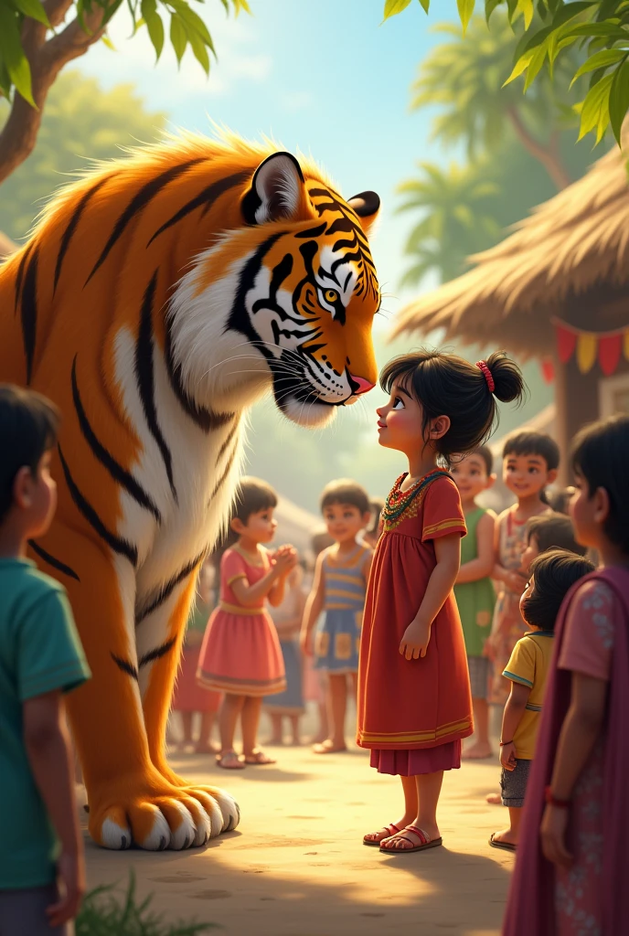 Aisha and Sheru proved that even the most unlikely of friendships could thrive with love and kindness.**
- *Illustrate a touching scene where Aisha and Sheru are surrounded by villagers, demonstrating the power of their unlikely but strong friendship.*