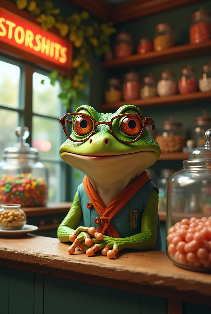 Retro Images,Storytelling,Tree frog,Ultra-realistic,high resolution,The frog is the bespectacled old lady who owns a candy store.