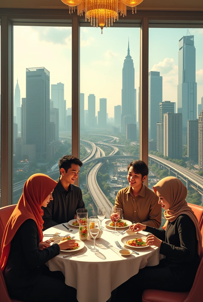 photorealism:1.2), 4 Indonesians, consisting of 2 men and 2 women, aged 40 years, the 2 men are dressed casually and 2 women are dressed modestly and wearing hijab, the 2 women are 1 of medium build and 1 of them is fat, the 4 people are standing with their faces facing the camera, the atmosphere of a very luxurious luncheon in a restaurant located in a tall building, clearly visible from the building's glass the view of the city is so dense with tall buildings and modern electric train lines, realistic, intricate details, warm colors, by Greg Rutkowski, by Alphonse Mucha