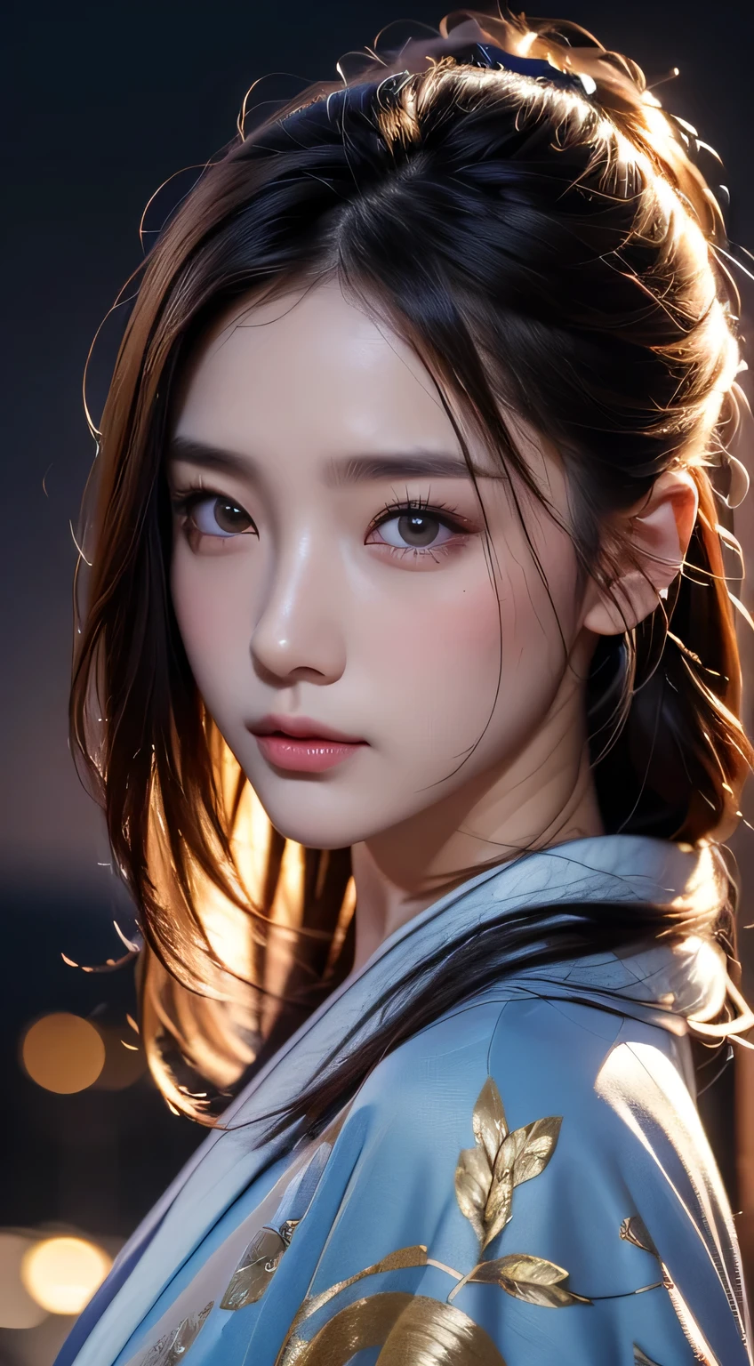 Beautiful woman in kimono,8k,Beautiful details in the eyes,Dindal effect、masterpiece, 最high quality, high quality, High resolution、Super detailed photos、(Natural skin texture、Detailed skin、Hyperrealism、Ultra Sharpness)、Skin with attention to detail、(Very detailed、Detailed skin texture、Intricate details、Beautiful Face、(A vivid face)、Realistic eyes、Beautiful and fine details、Realistic Skin、Beautiful skins、surreal、Very detailed、Golden Ratio、((Night moonlight background))、