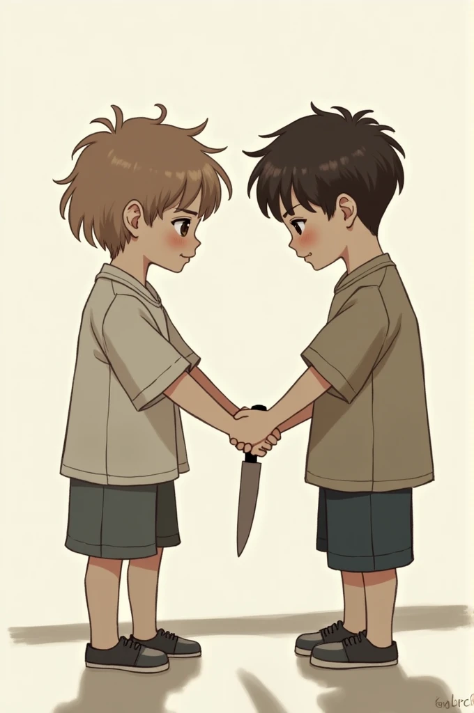 Knife two boys holding hands,a boy has slightly wavy light brown hair with brown eyes and a mole on the right corner of his mouth, very minimalist and white skin, the other one has slightly dark brown hair, light brown eyes and a striking look and a mouth with slightly large lips and white skin too 