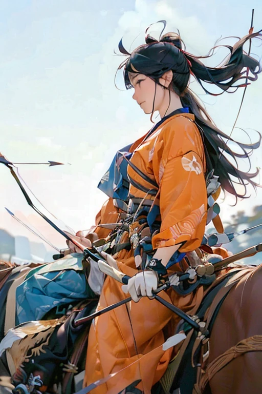 (masterpiece, Highest quality:1.2), It won, beautiful girl, horse riding, (From the right:1.2), (Holding a bow in his left hand:1.2), longbow, (Holding an arrow:1.2), (kaburaya:1.2), kyudou-hikiwake, Outstretched arms, Black Igote, Deerskin peeling, Galloping horses, Red Mussel, Sea side,