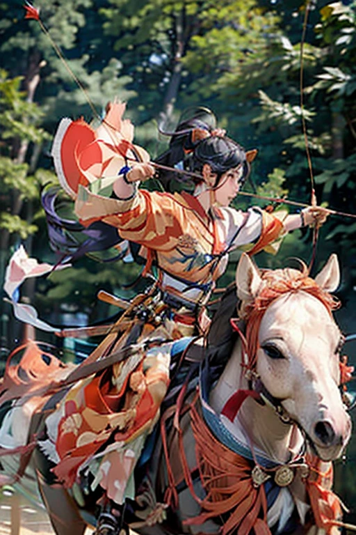 (masterpiece, Highest quality:1.2), It won, beautiful girl, horse riding, (From the right:1.2), (Holding a bow in his left hand:1.2), longbow, (Holding an arrow:1.2), (kaburaya:1.2), kyudou-hikiwake, Outstretched arms, Black Igote, Deerskin peeling, Galloping horses, Red Mussel, Sea side,